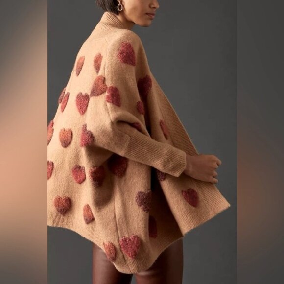 Look by M One Size Tan Wool Blend Cardigan w/Variegated 3D Heart Accents - Picture 2 of 10